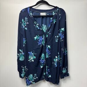 Ava & Viv Women's Navy Blue Floral Semi Sheer Button Down Shirt Size 4X